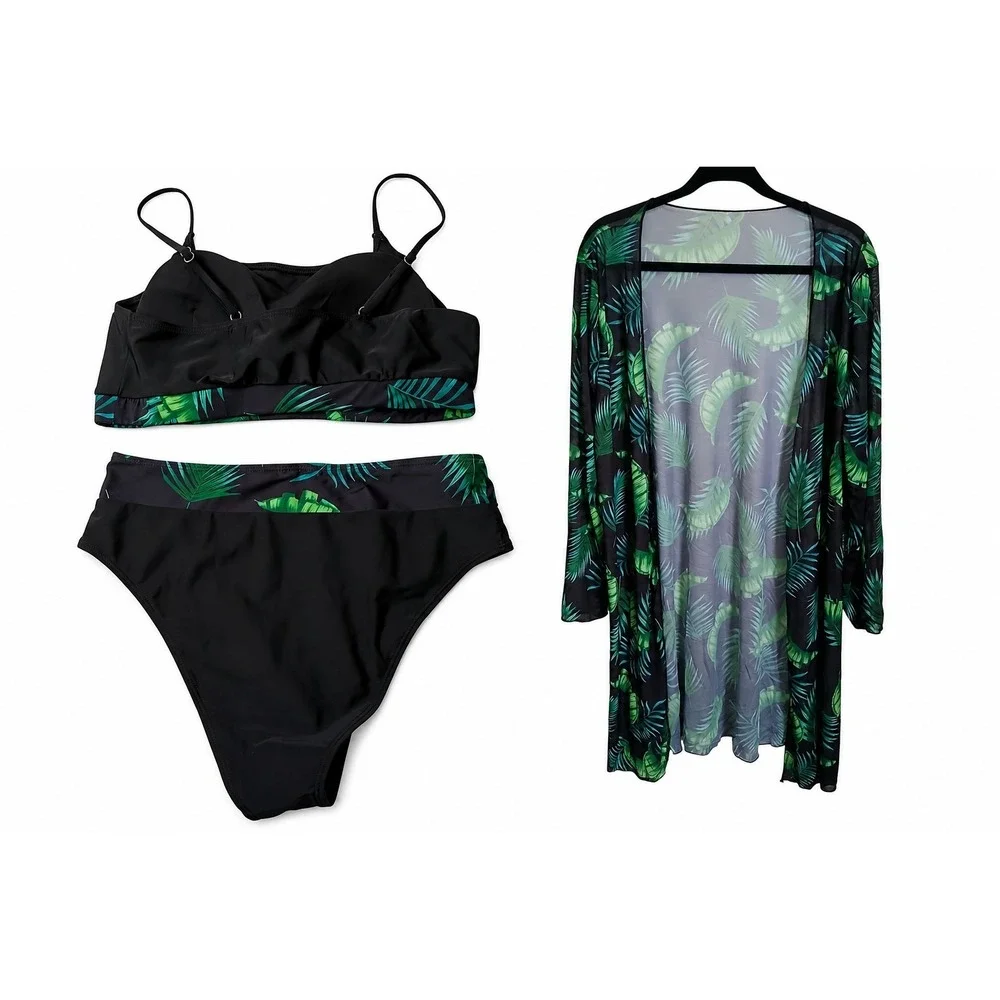 3-Piece High Waisted Bikini Set with Tropical Palm Leaf Kimono Cover Up Large